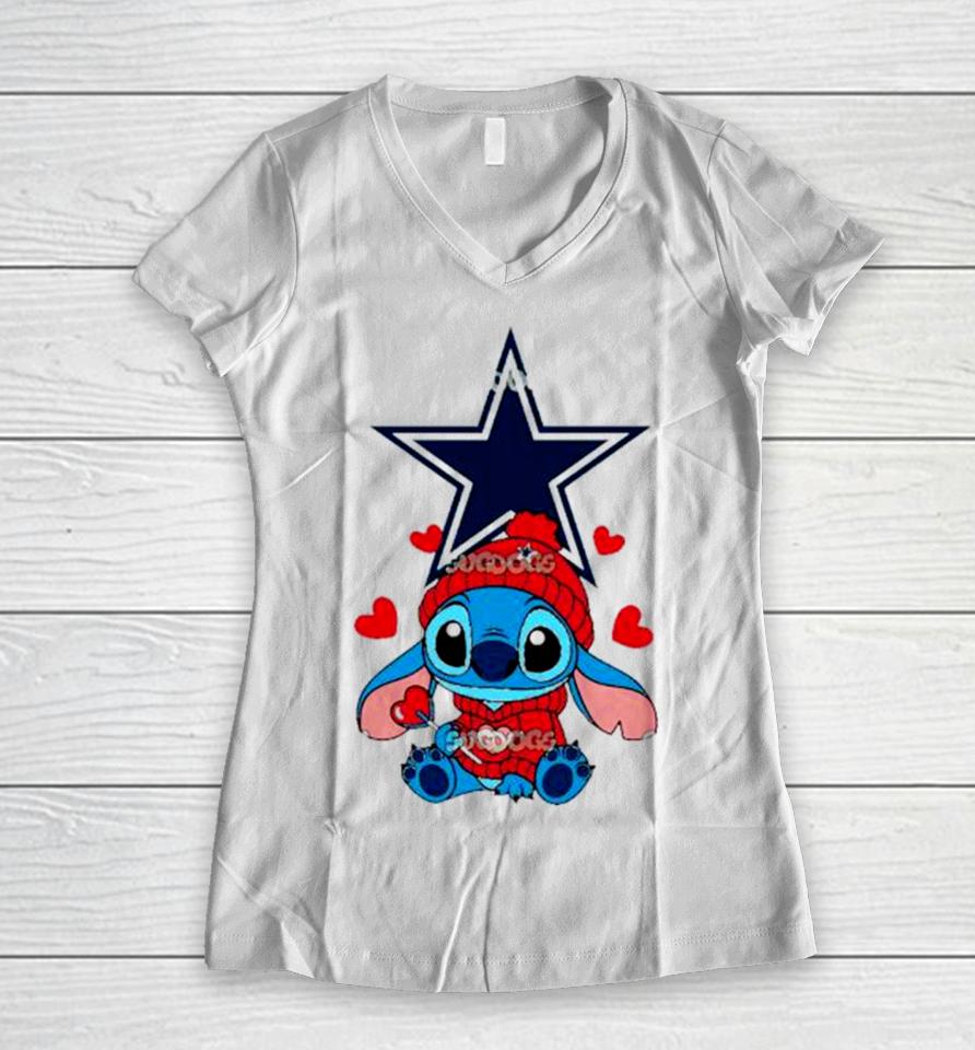 Stitch Valentine Candy Heart Dallas Cowboys Women V-Neck T-Shirt