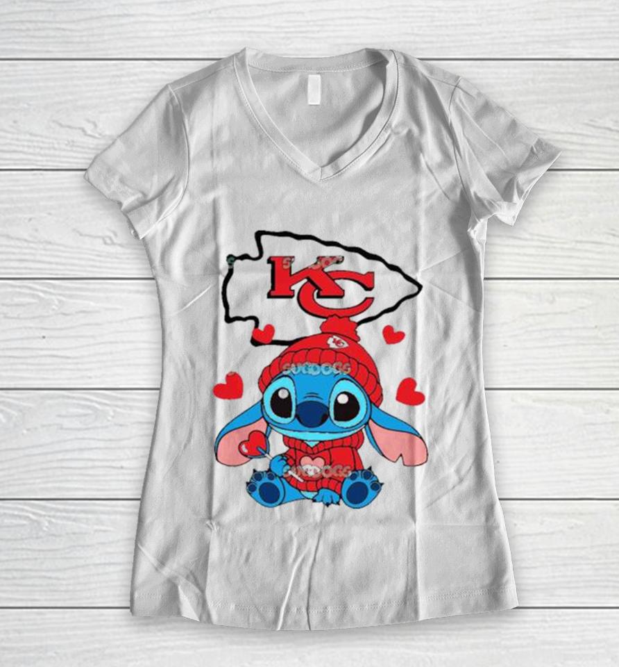 Stitch Valentine Candy Heart Kansas City Chiefs Women V-Neck T-Shirt