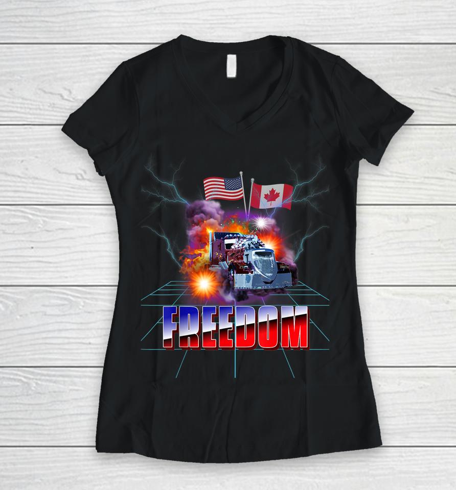 Storm Truck American Usa Canada Flag Freedom Convoy Trucker Women V-Neck T-Shirt