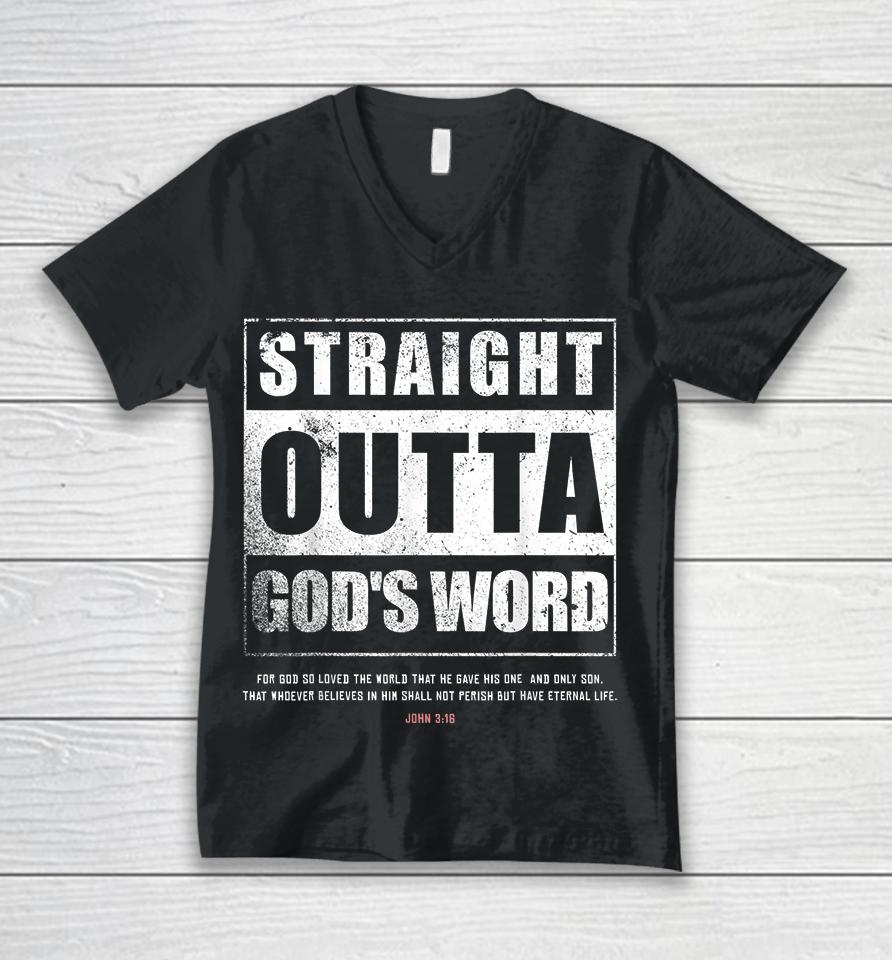 Straight Outta Gods Word John 3 16 Jesus Christian Lord Unisex V-Neck T-Shirt