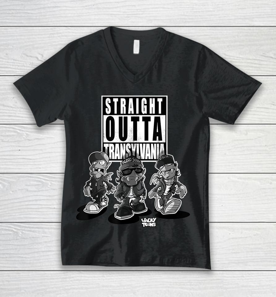 Straight Outta Transylvania Funny Urban Cartoon Vampires Unisex V-Neck T-Shirt