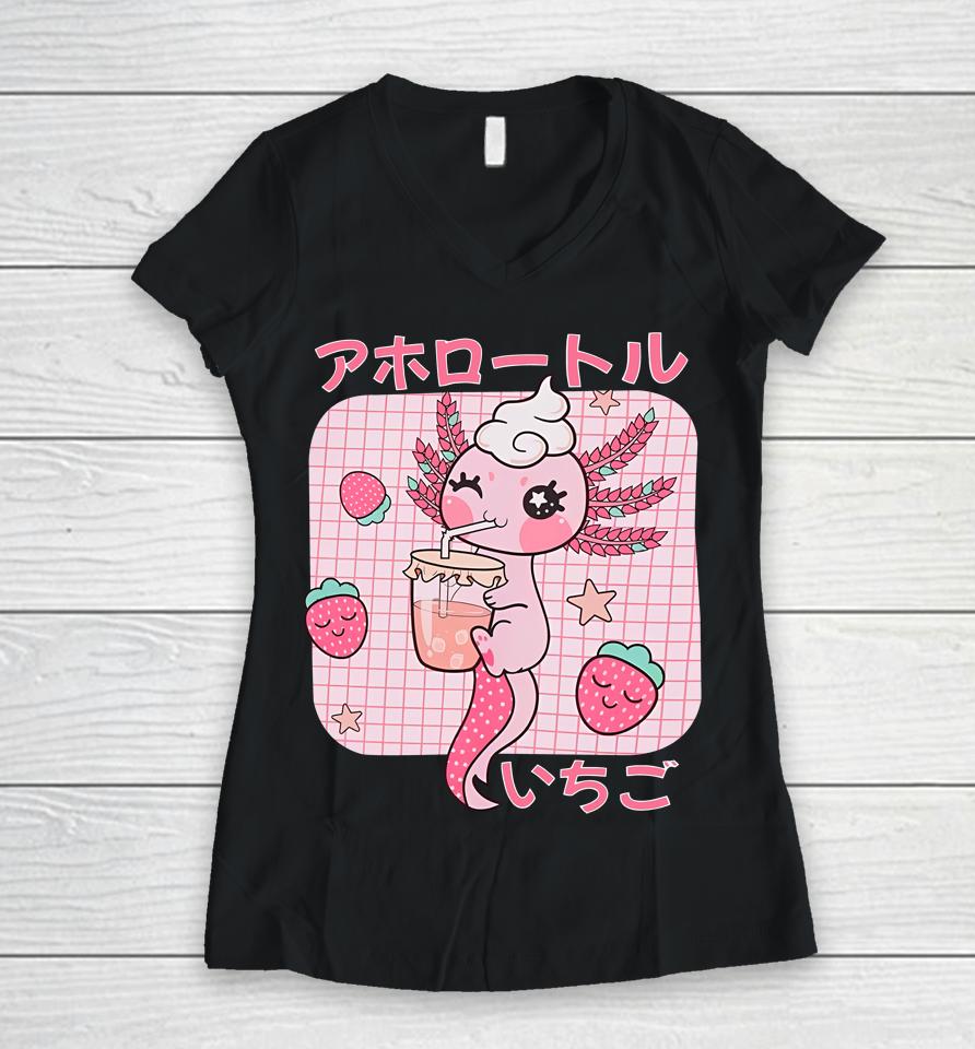 Strawberry Axolotl Women V-Neck T-Shirt
