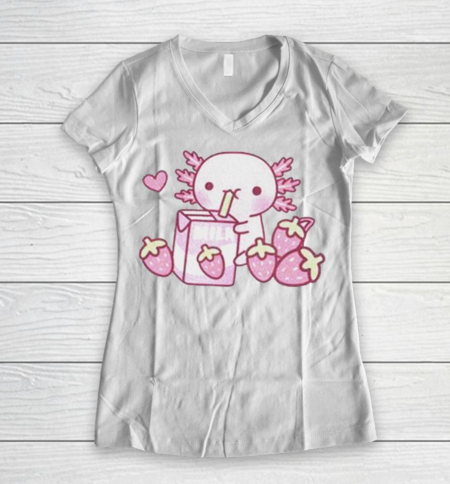 Strawberry Milk Axolotl Women V-Neck T-Shirt