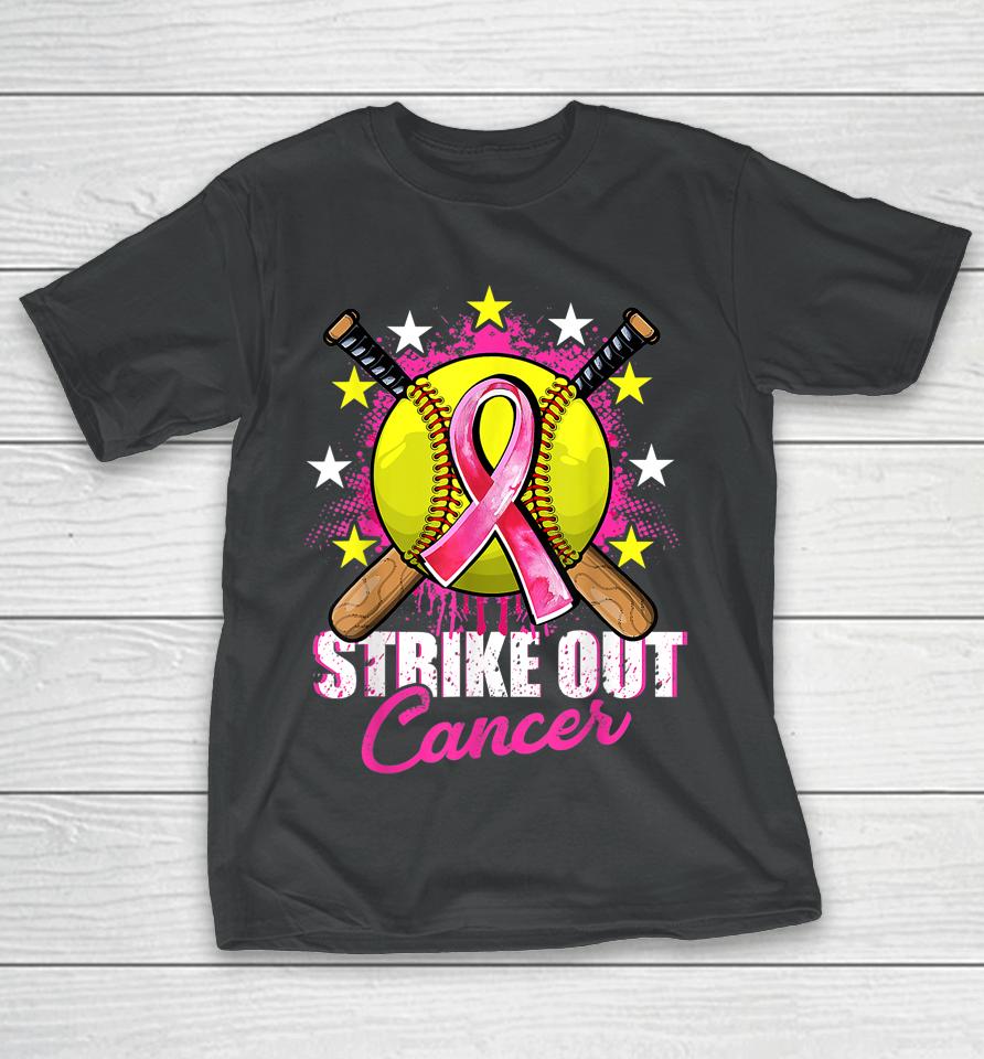 Strike Out Breast Cancer Awareness Day Pink Ribbon Softball T-Shirt