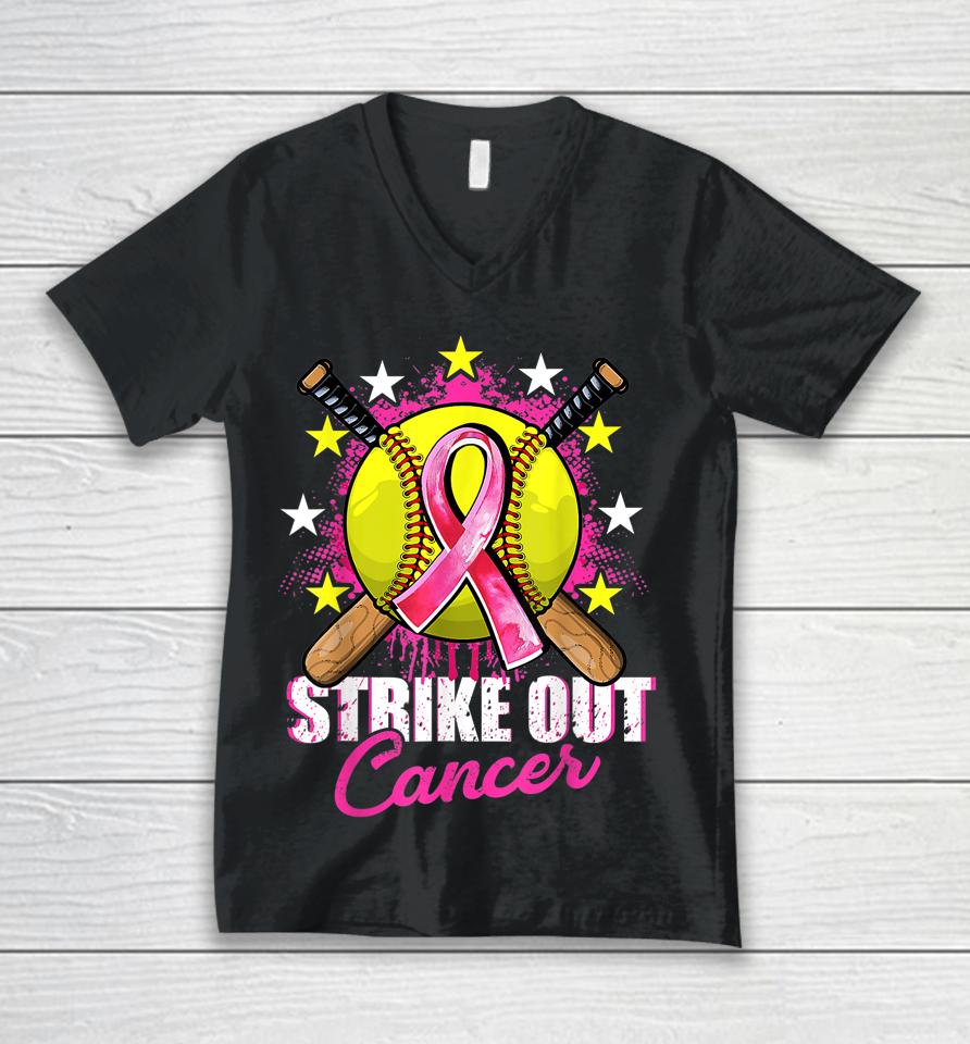 Strike Out Breast Cancer Awareness Day Pink Ribbon Softball Unisex V-Neck T-Shirt