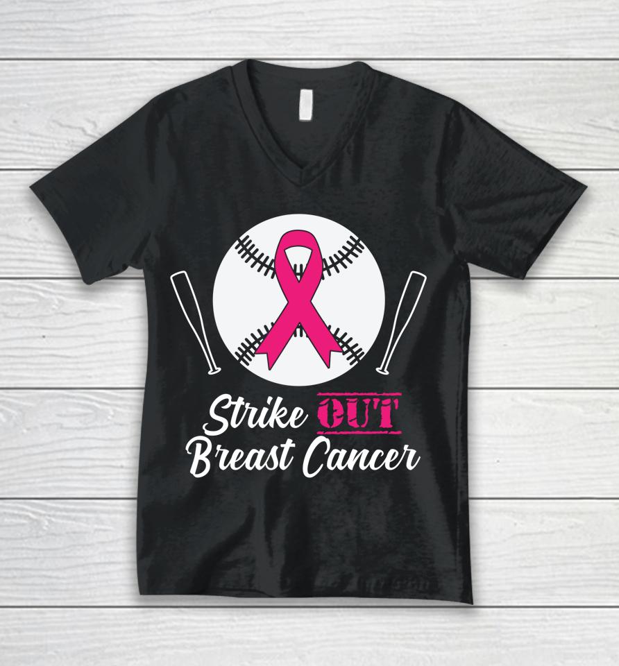 Strike Out Breast Cancer Pink Cancer Awareness Month Unisex V-Neck T-Shirt