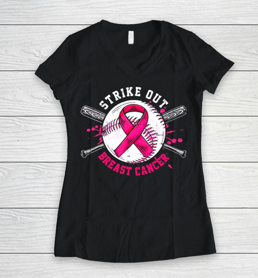 Strike Out Breast Cancer Pink Ribbonshirts Women V-Neck T-Shirt