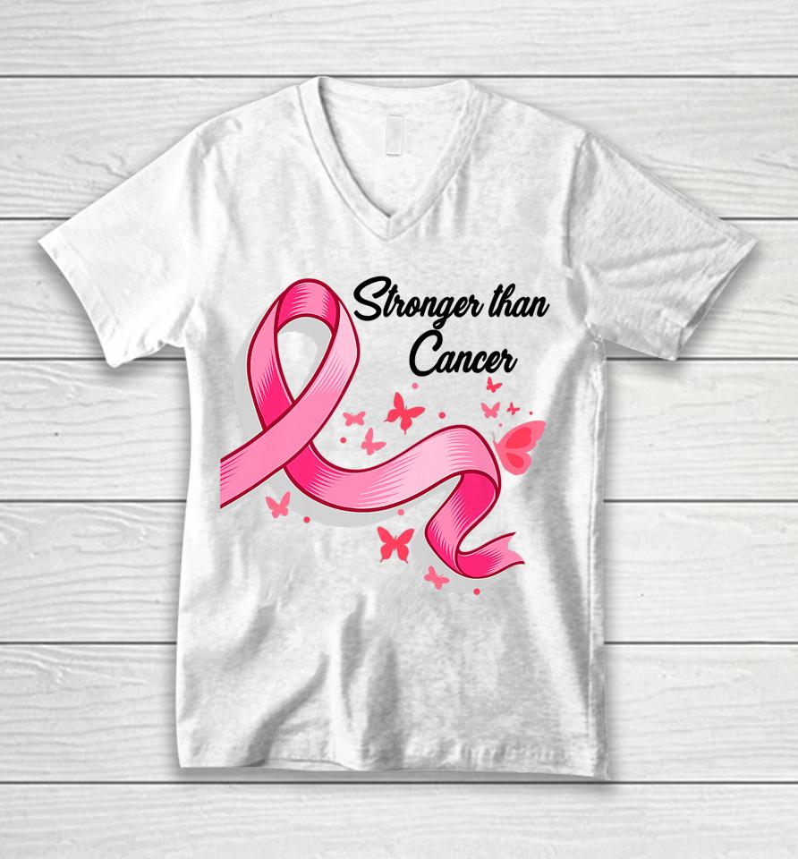 Stronger Than Breast Cancer Awareness Pink Ribbon Butterfly Unisex V-Neck T-Shirt