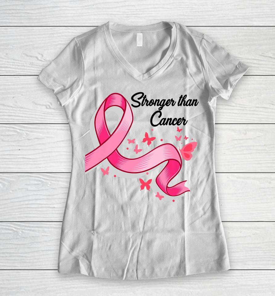 Stronger Than Breast Cancer Awareness Pink Ribbon Butterfly Women V-Neck T-Shirt