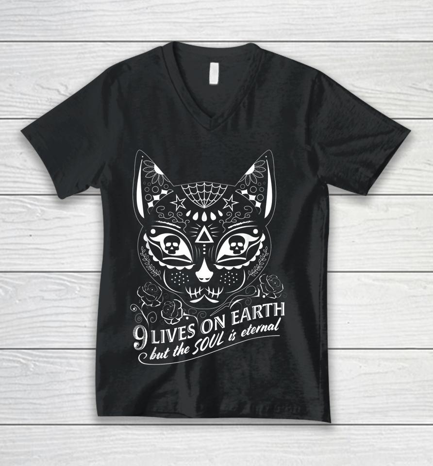 Sugar Skull Cat Halloween Day Of The Dead Dia De Los Muertos Unisex V-Neck T-Shirt