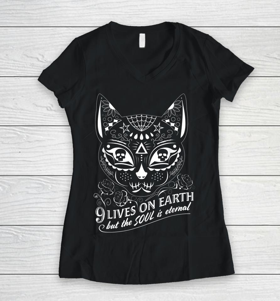 Sugar Skull Cat Halloween Day Of The Dead Dia De Los Muertos Women V-Neck T-Shirt