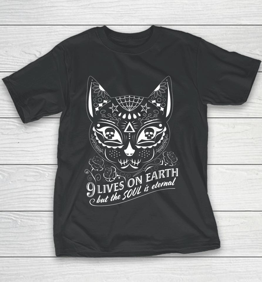 Sugar Skull Cat Halloween Day Of The Dead Dia De Los Muertos Youth T-Shirt