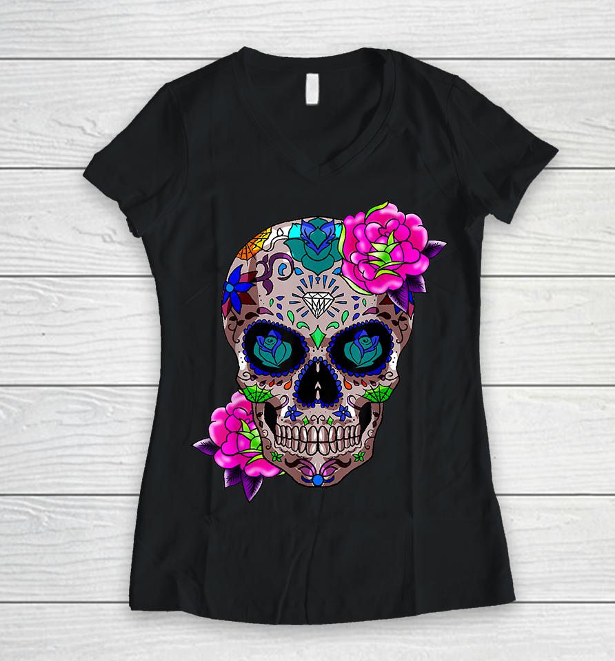 Sugar Skull Day Of The Dead Women V-Neck T-Shirt