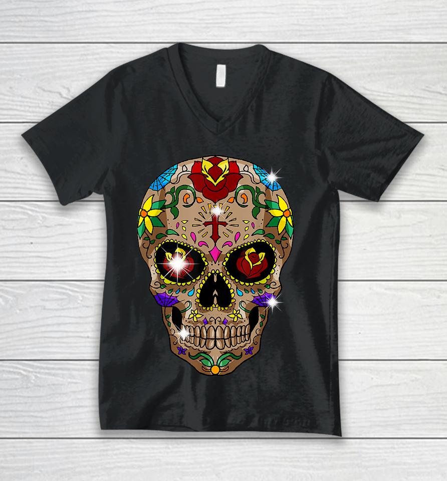 Sugar Skull Day Of The Dead Unisex V-Neck T-Shirt