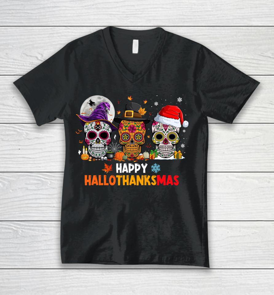 Sugar Skull Hallothanksmas Halloween Thanksgiving Christmas Unisex V-Neck T-Shirt