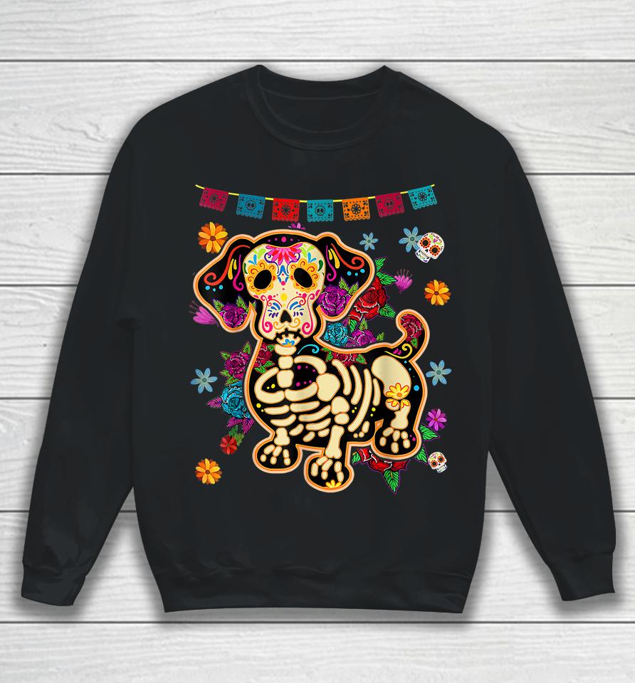 Sugar Skull Mexican Dachshund Bone Halloween Day Of Dead Sweatshirt