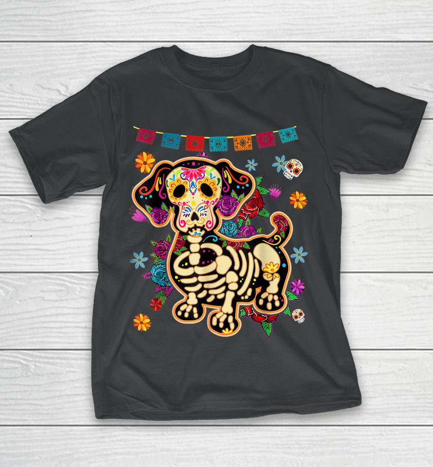 Sugar Skull Mexican Dachshund Bone Halloween Day Of Dead T-Shirt