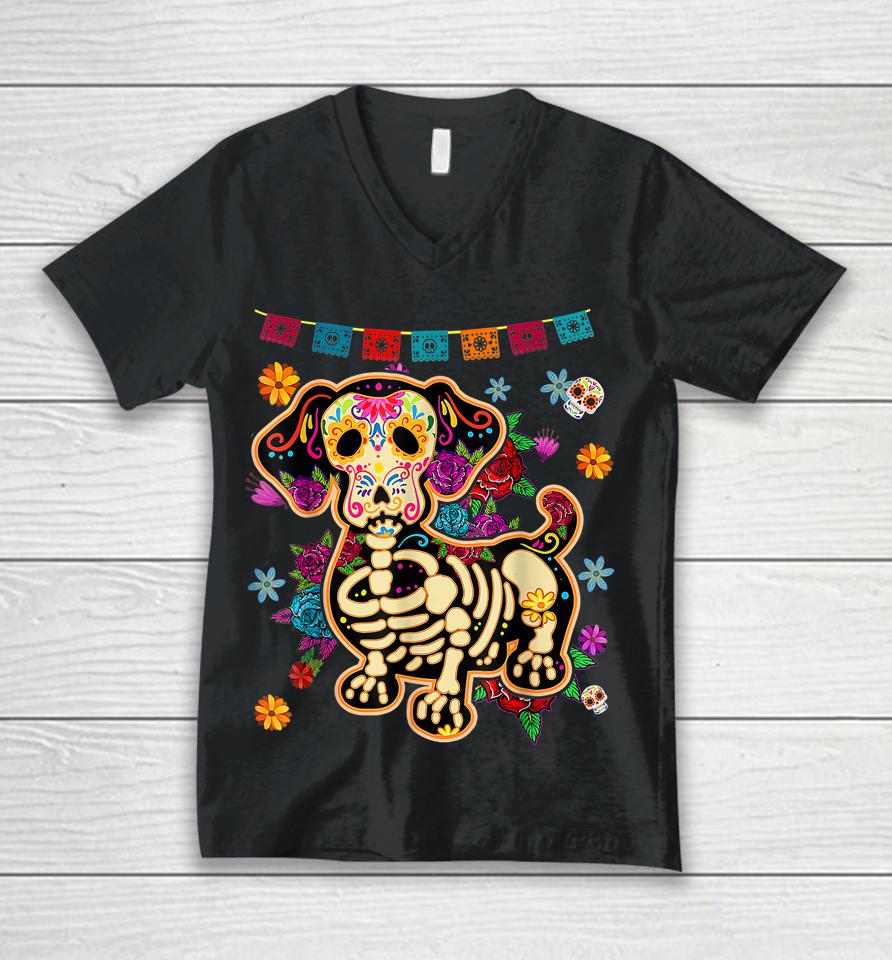 Sugar Skull Mexican Dachshund Bone Halloween Day Of Dead Unisex V-Neck T-Shirt