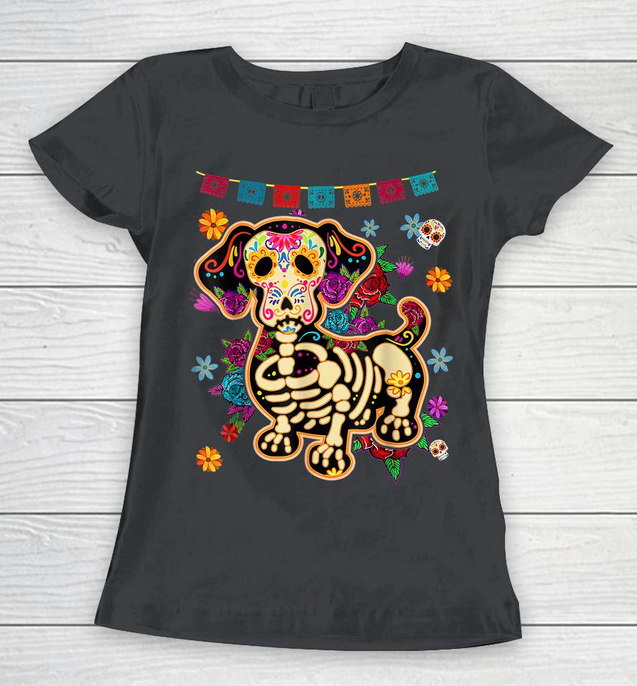 Sugar Skull Mexican Dachshund Bone Halloween Day Of Dead Women T-Shirt