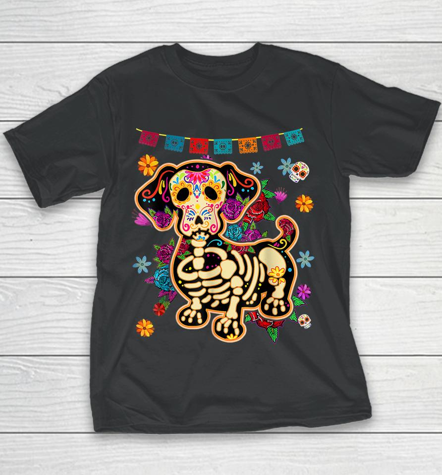 Sugar Skull Mexican Dachshund Bone Halloween Day Of Dead Youth T-Shirt