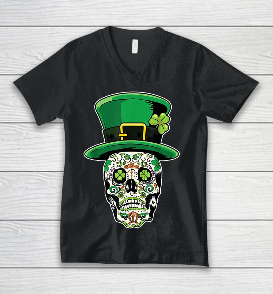 Sugar Skull Saint Patricks Day Of Dead Unisex V-Neck T-Shirt