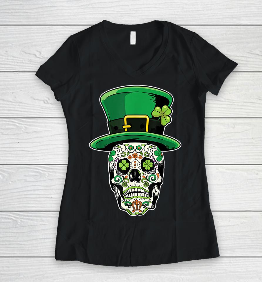 Sugar Skull Saint Patricks Day Of Dead Women V-Neck T-Shirt