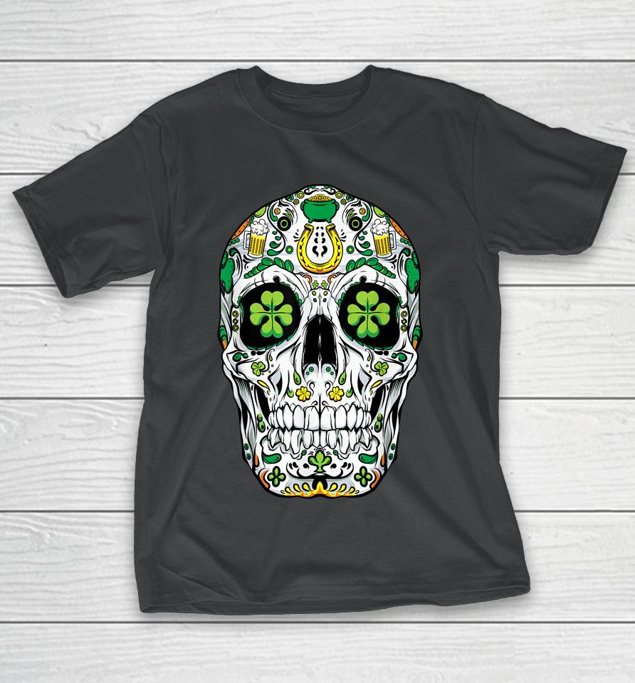 Sugar Skull St Patrick's Day Of The Dead Shamrock T-Shirt