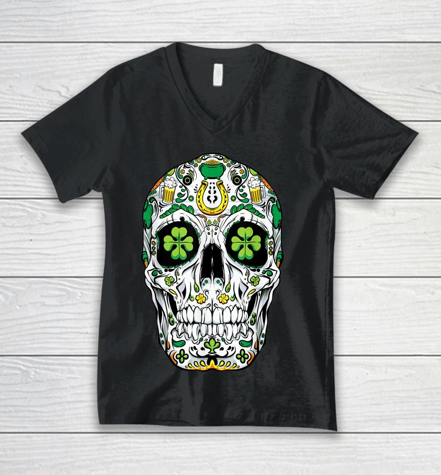 Sugar Skull St Patrick's Day Of The Dead Shamrock Unisex V-Neck T-Shirt