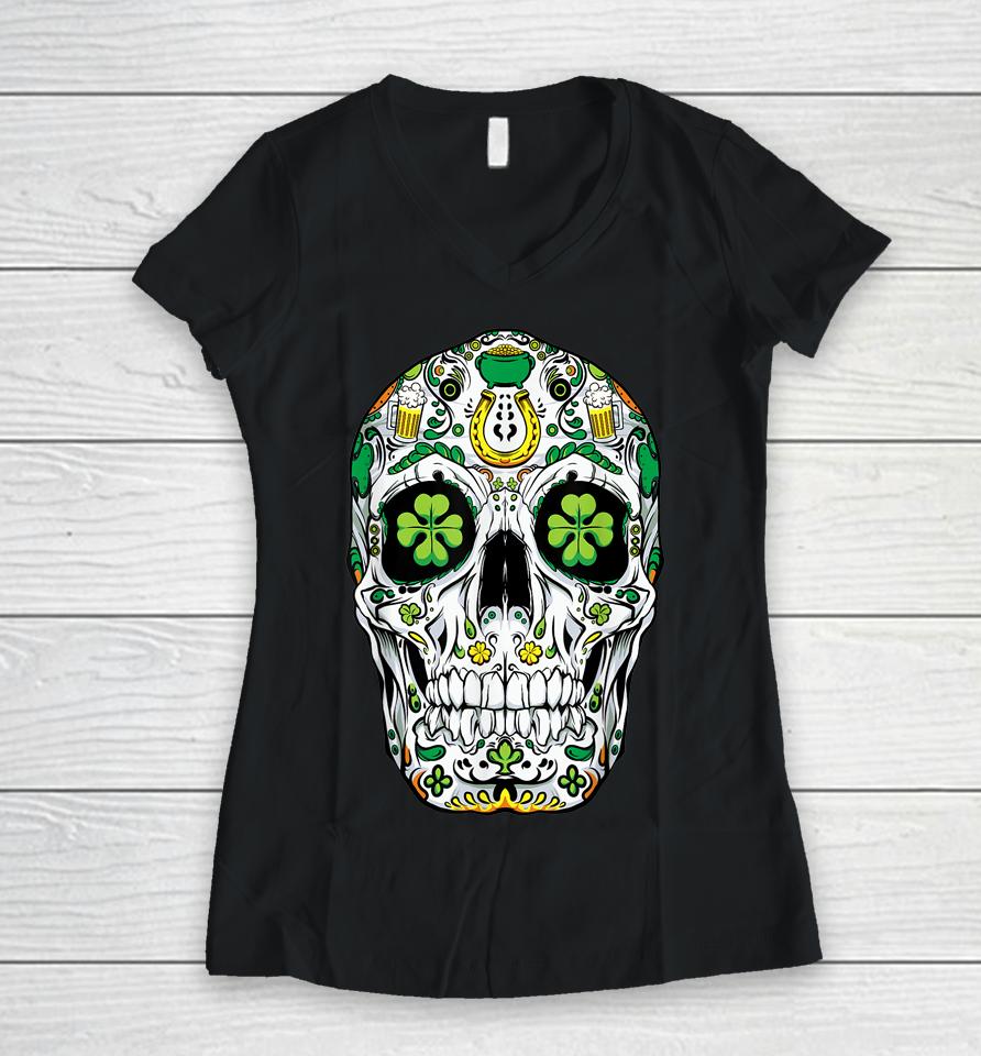 Sugar Skull St Patrick's Day Of The Dead Shamrock Women V-Neck T-Shirt