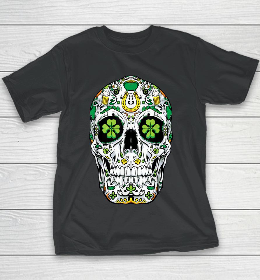 Sugar Skull St Patrick's Day Of The Dead Shamrock Youth T-Shirt