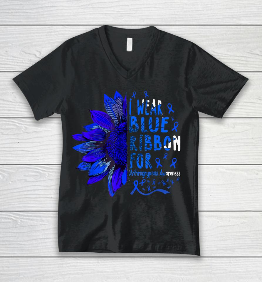 Sunflower I Wear Blue Ribbon For Arthrogryposis Awareness Unisex V-Neck T-Shirt