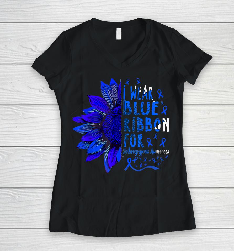 Sunflower I Wear Blue Ribbon For Arthrogryposis Awareness Women V-Neck T-Shirt