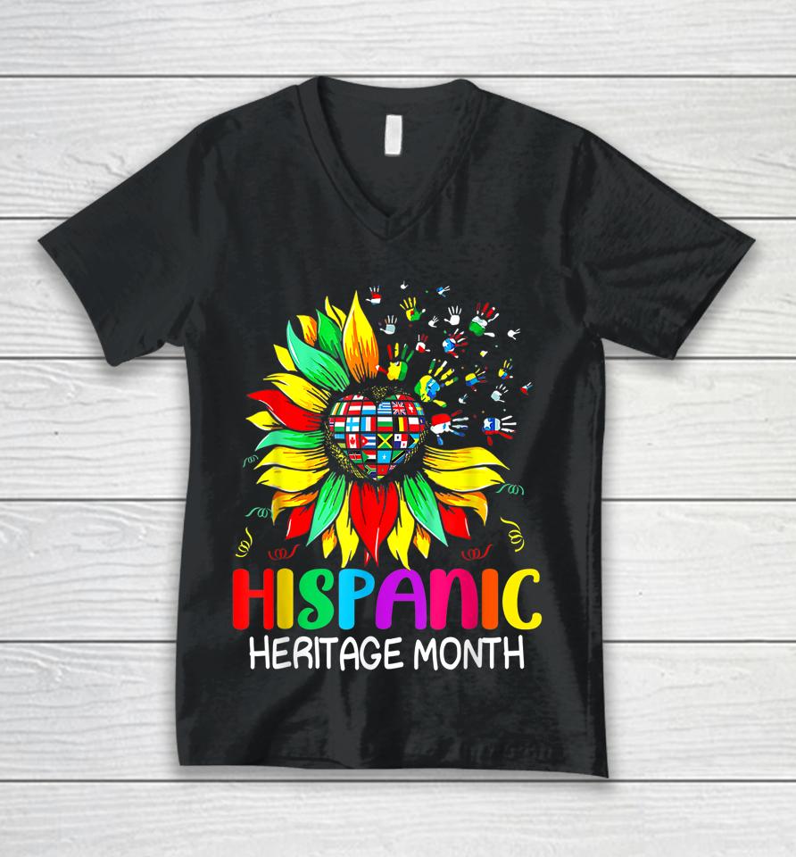 Sunflower Latin Countries Flags Hispanic Heritage Month Unisex V-Neck T-Shirt