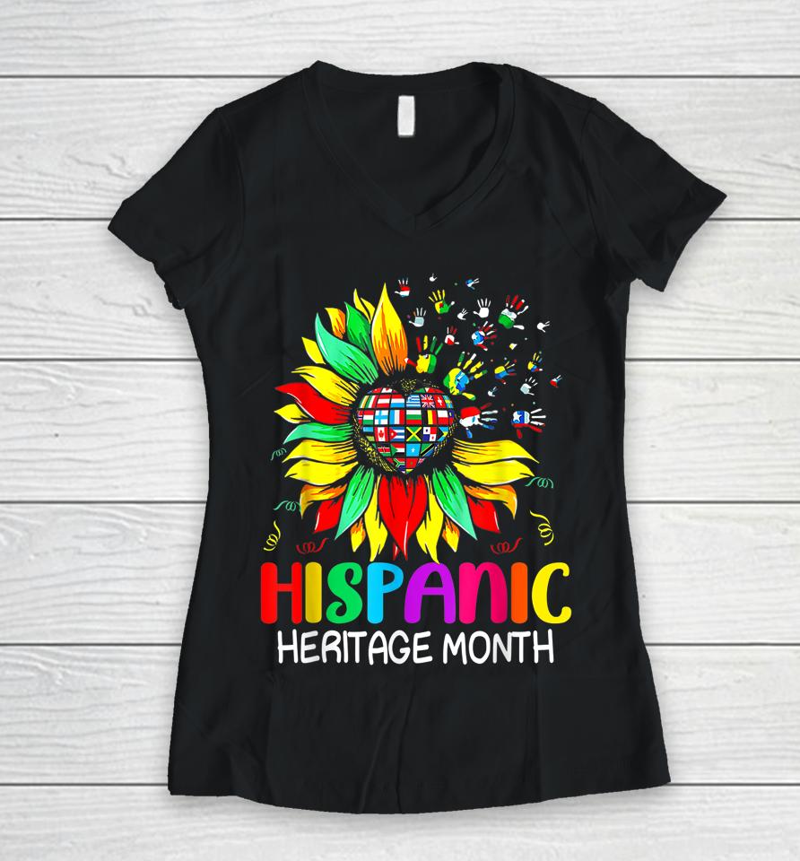Sunflower Latin Countries Flags Hispanic Heritage Month Women V-Neck T-Shirt