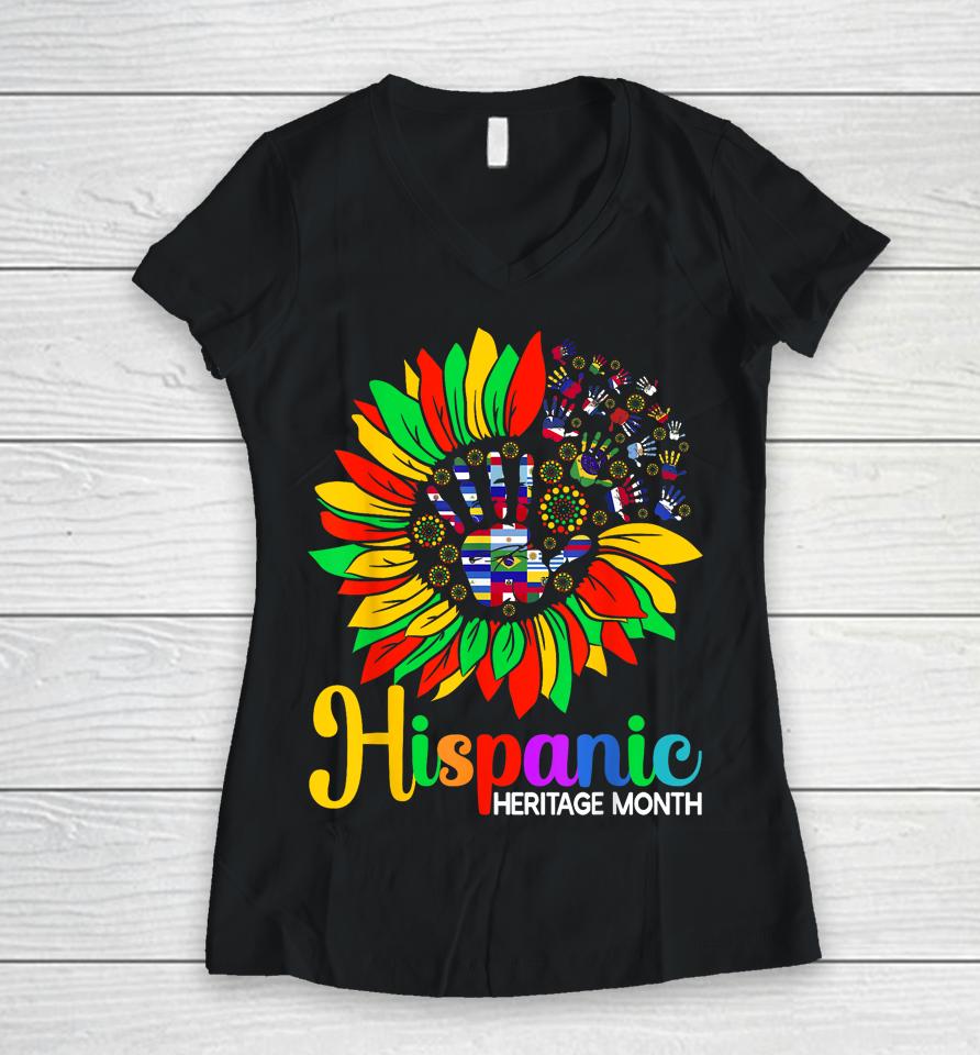 Sunflower Latino Hispanic Heritage Month Roots And Flags Women V-Neck T-Shirt