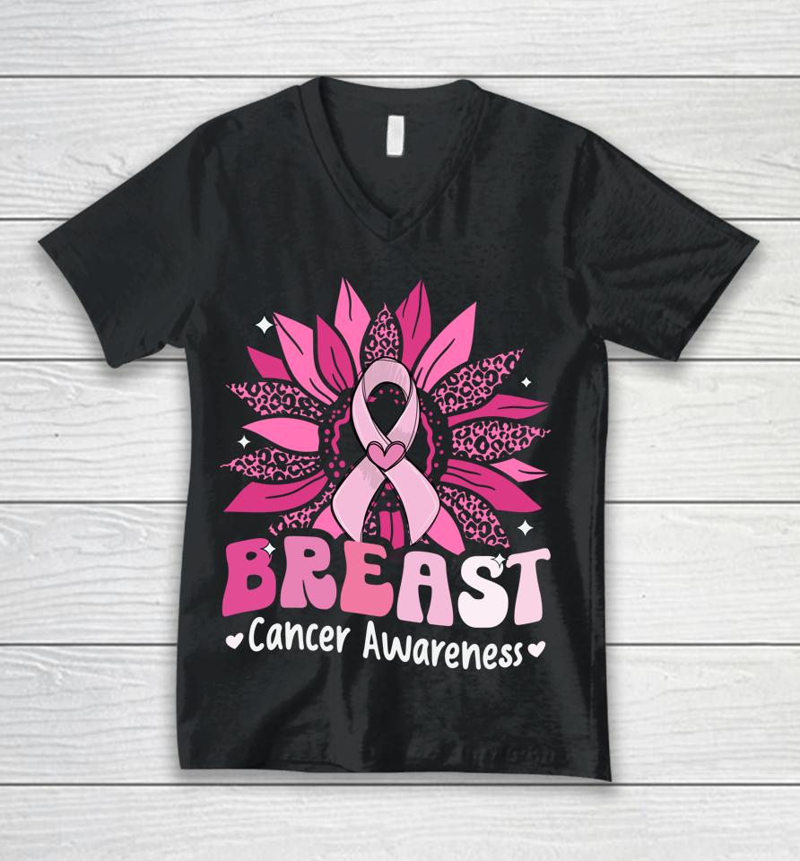 Sunflower Pink Breast Cancer Awareness Women Warrior Unisex V-Neck T-Shirt