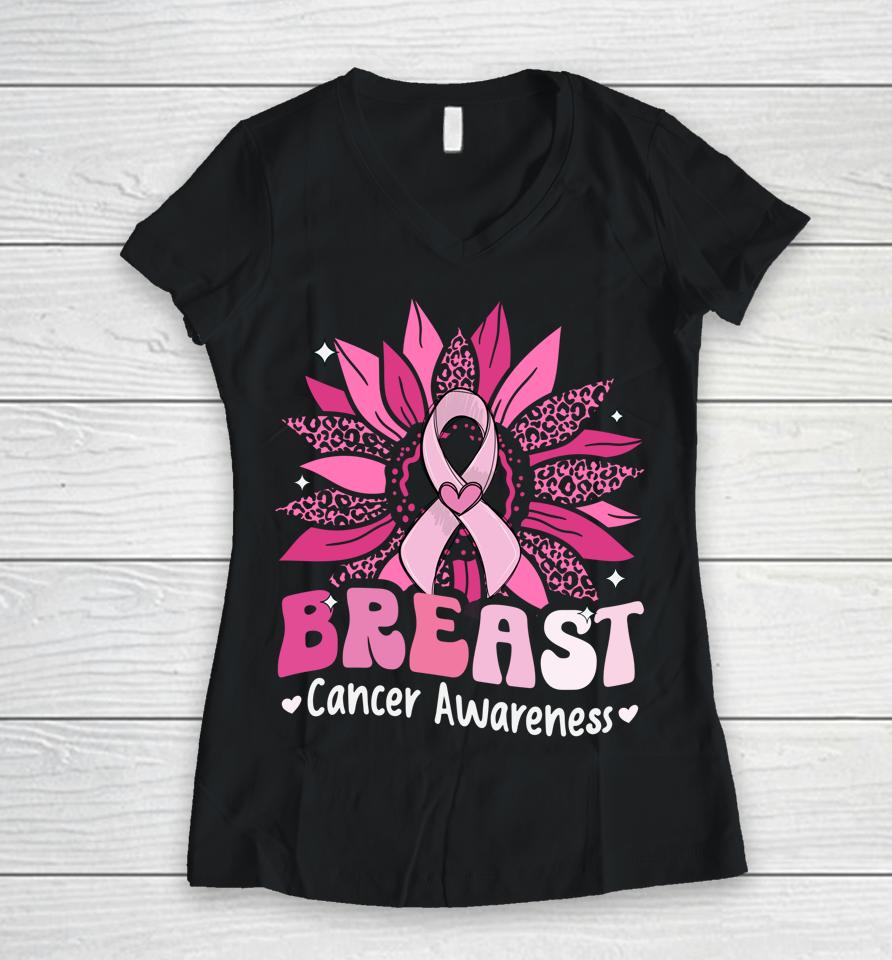 Sunflower Pink Breast Cancer Awareness Women Warrior Women V-Neck T-Shirt