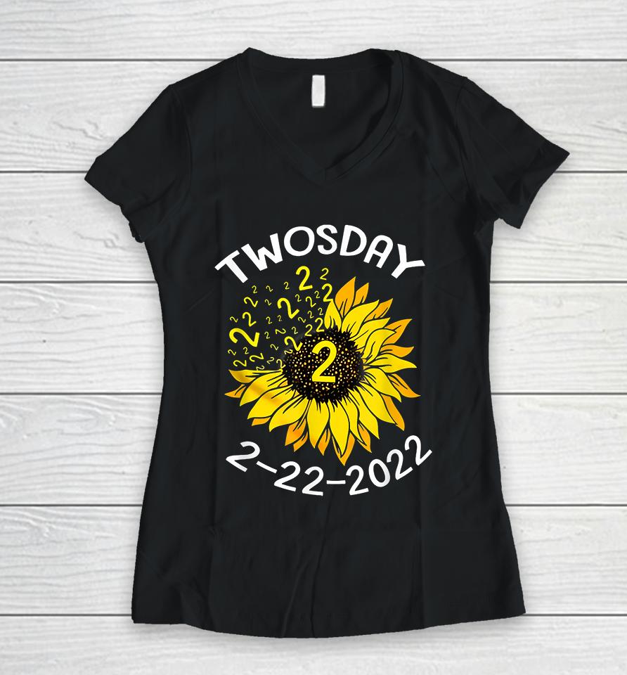 Sunflower Tuesday February 22Nd 2022 Funny Math Teacher Women V-Neck T-Shirt