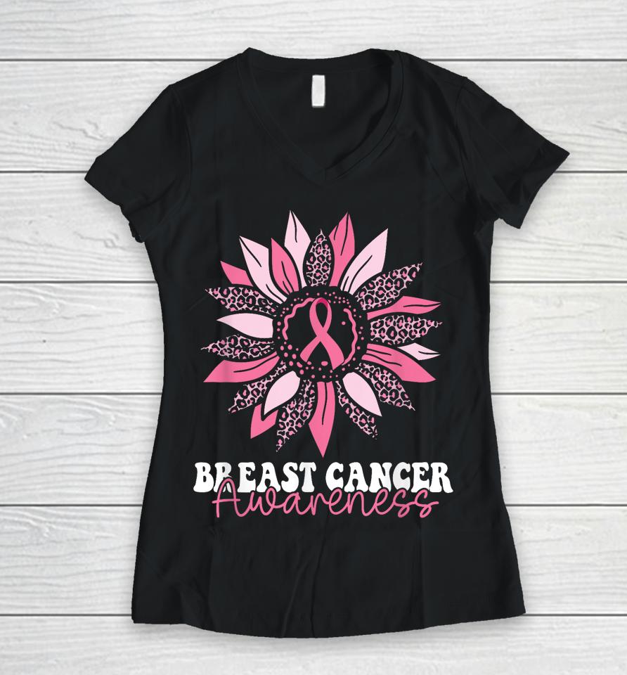 Sunflower Wear Pink Breast Cancer Awareness Women Warrior Women V-Neck T-Shirt