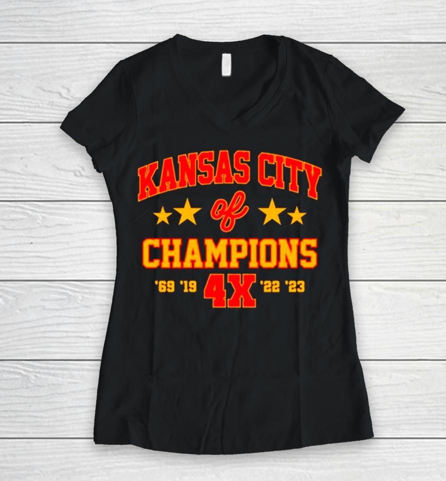Super Bowl Champions 4X Kansas City Chiefs Women V-Neck T-Shirt