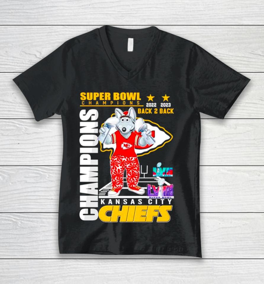 Super Bowl Champions Back 2 Back Kansas City Chiefs Mascot Unisex V-Neck T-Shirt