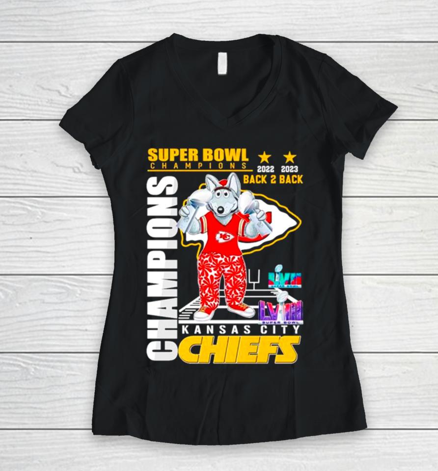 Super Bowl Champions Back 2 Back Kansas City Chiefs Mascot Women V-Neck T-Shirt
