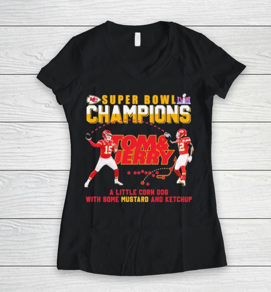 Super Bowl Champions Travis Kelce And Patrick Mahomes Tom And Jerry Women V-Neck T-Shirt