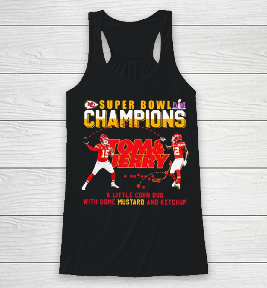 Super Bowl Lviii Champions Tom And Jerry Mustard Travis Kelce And Patrick Mahomes Racerback Tank