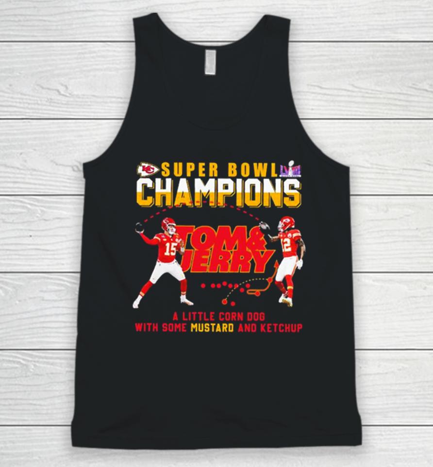 Super Bowl Lviii Champions Tom And Jerry Mustard Travis Kelce And Patrick Mahomes Unisex Tank Top