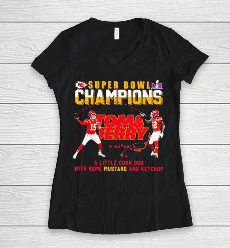 Super Bowl Lviii Champions Tom And Jerry Mustard Travis Kelce And Patrick Mahomes Women V-Neck T-Shirt