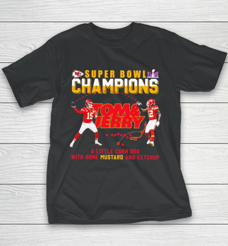 Super Bowl Lviii Champions Tom And Jerry Mustard Travis Kelce And Patrick Mahomes Youth T-Shirt