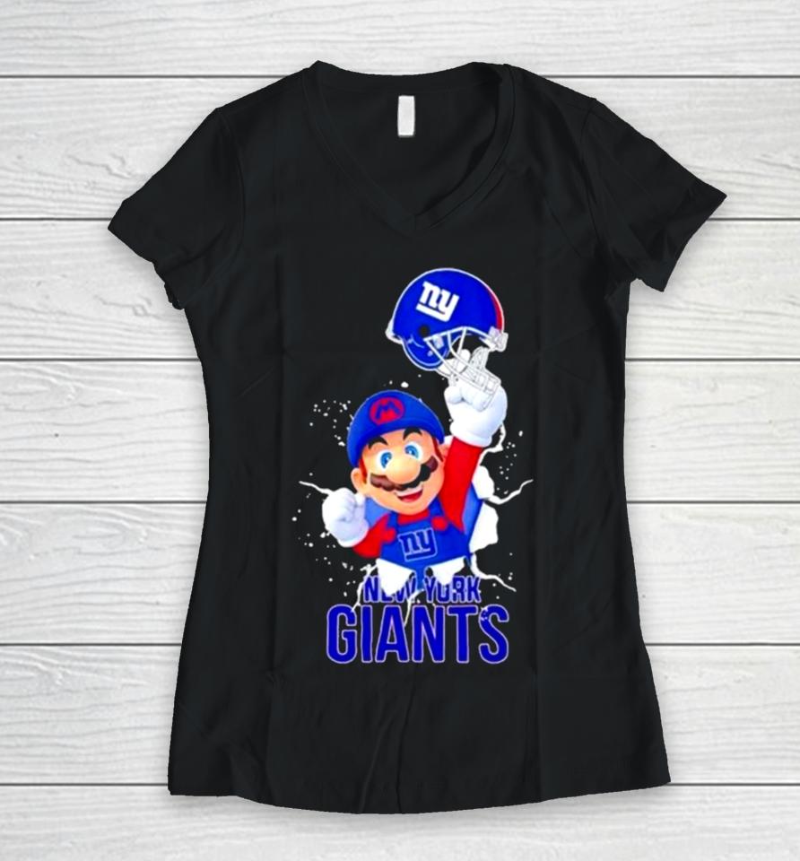 Super Mario X Nfl New York Giants Football Women V-Neck T-Shirt