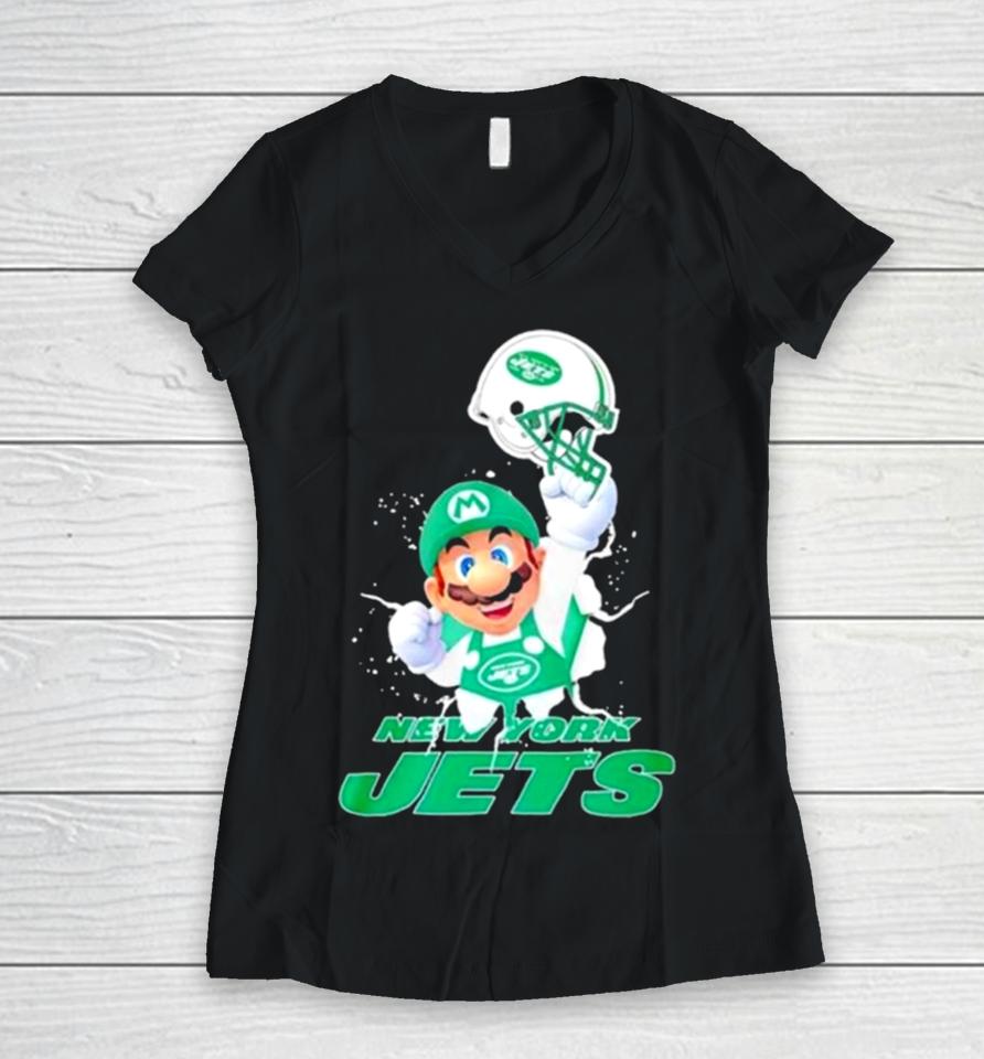 Super Mario X Nfl New York Jets Football Women V-Neck T-Shirt