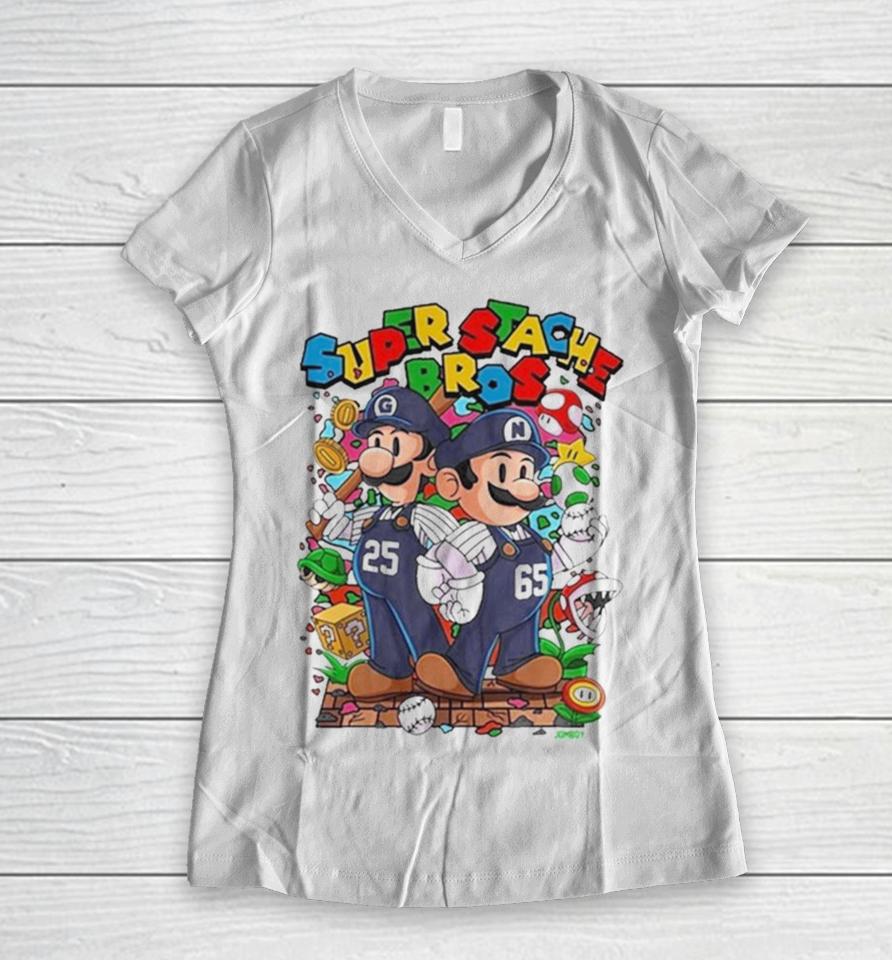 Super Stache Bros Super Mario 2024 Women V-Neck T-Shirt
